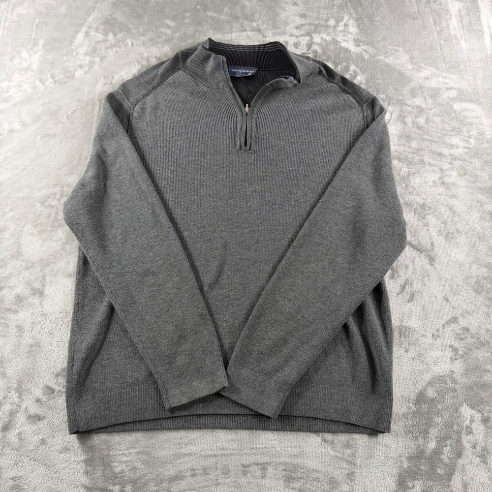 Tommy Bahama Reversible Quarter Zip Sweater Mens XL Grey 100% Pima Cotton Ribbed
